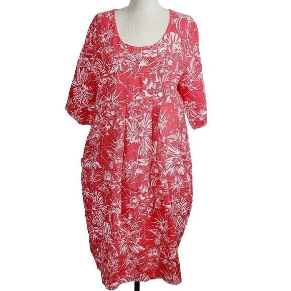 Woolovers Linen‎ Pocket Tunic Dress 6 Coral Pink 100% Linen Floral Hawaiian - Picture 1 of 10